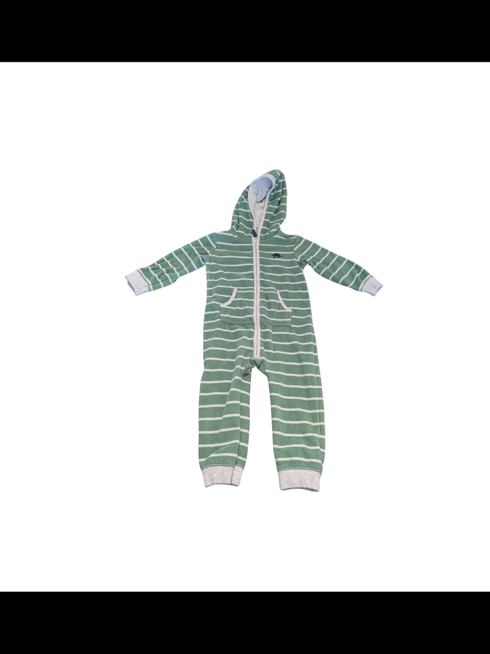 EUC Carters Baby Boy 18 Month Green Stripe Dinosaur Hooded Fleece Zip Jumpsuit